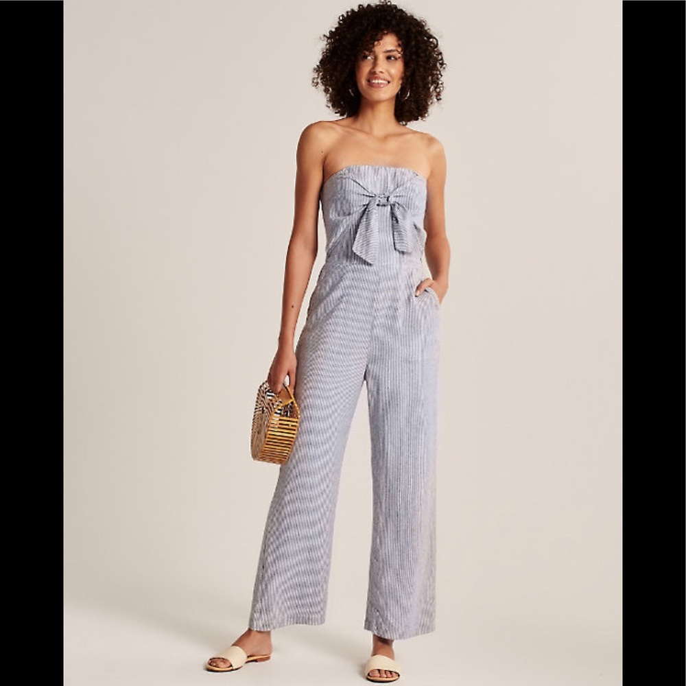 Light blue striped tie-front jumpsuit